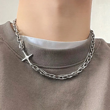 Riolio Hip Hop Stainless Steel Cross Necklace for Women Men Punk Double Layer Splicing Chain Necklaces Charm Trend Neck Jewelry Choker